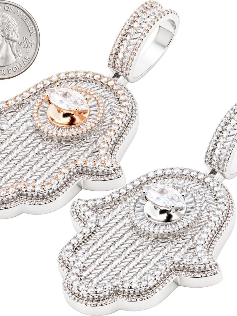 14k White/Rose Gold Plated AAA CZ Two-Tone Baguette Evil Eye Hamsa Hand Pendant